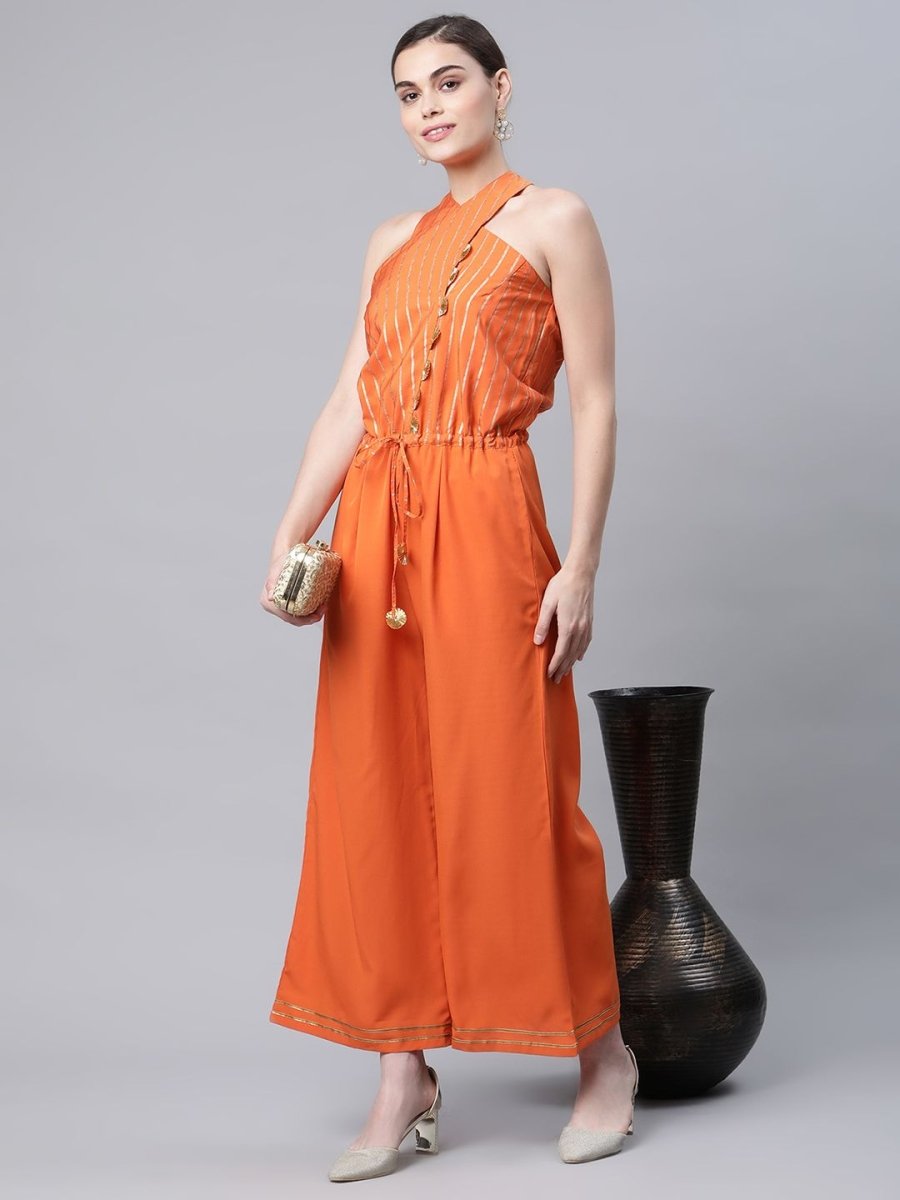 Ahalyaa Womens Orange Crepe Gold Stripped Print Jumpsuit
