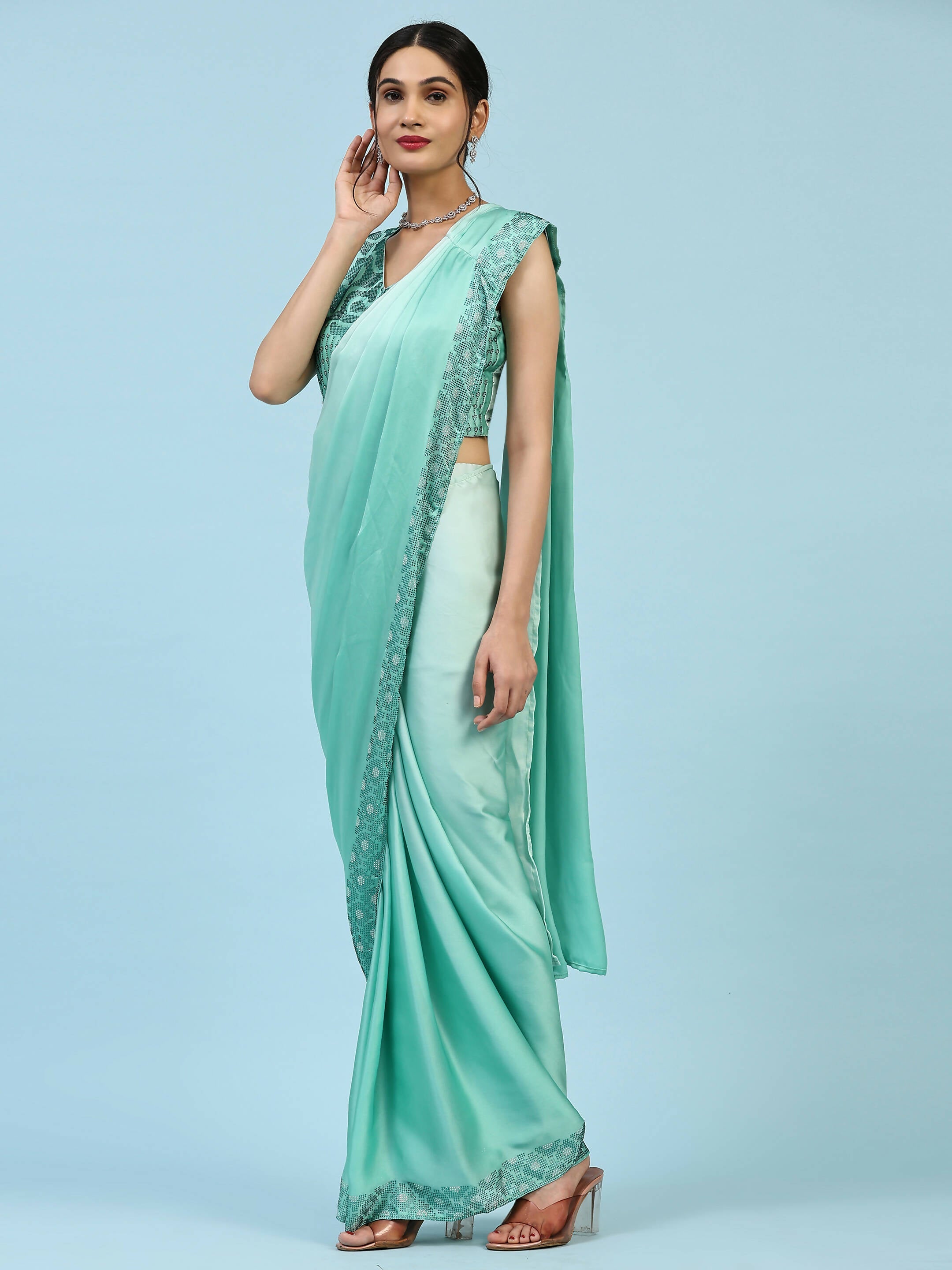Sea Green Ombre Satin Georgette Plain Ready to wear Saree with stitched Blouse - Vrinda