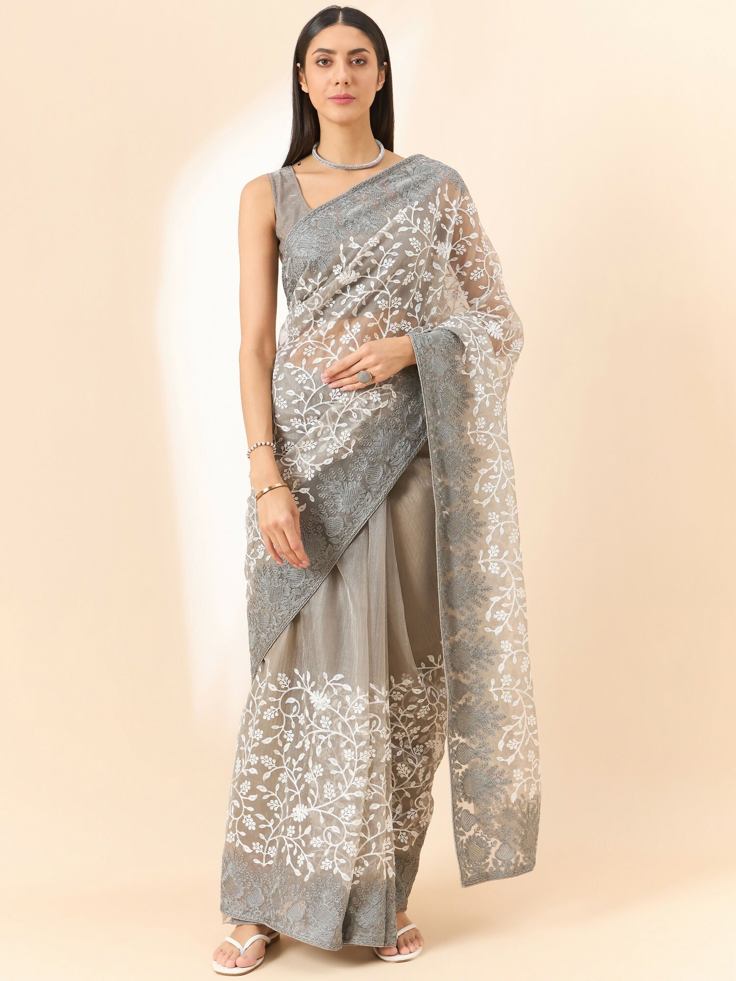 Grey Organza Floral Embroidered Saree with Unstitched Blouse Piece - Roozal