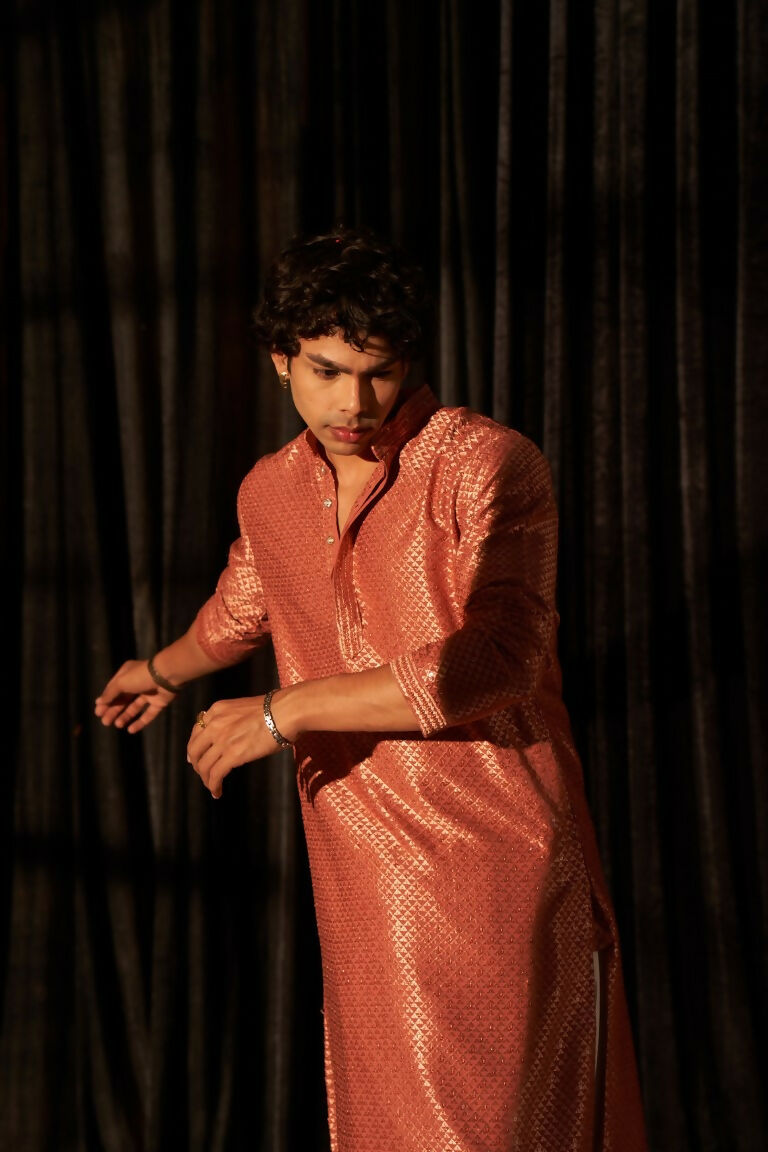 Red viscose Chikankari Embroidery Work Men's Traditional Kurta Set - Mahotsav