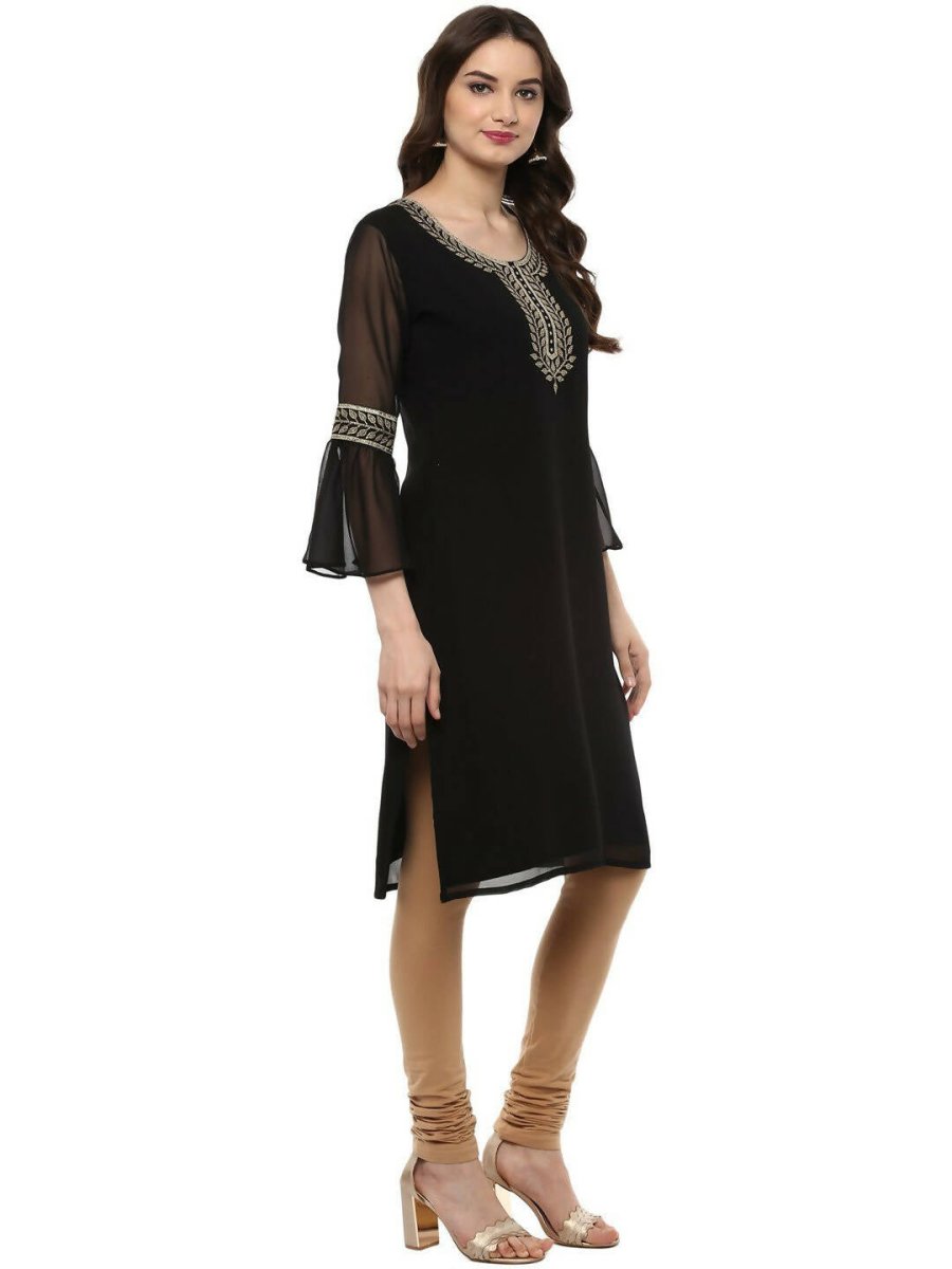 Ahalyaa Women's Black Georgette Glitter Print Kurta