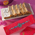 Sea Blue Beads & Stones Rakhi With Kaju Anjeer Barfi Combo