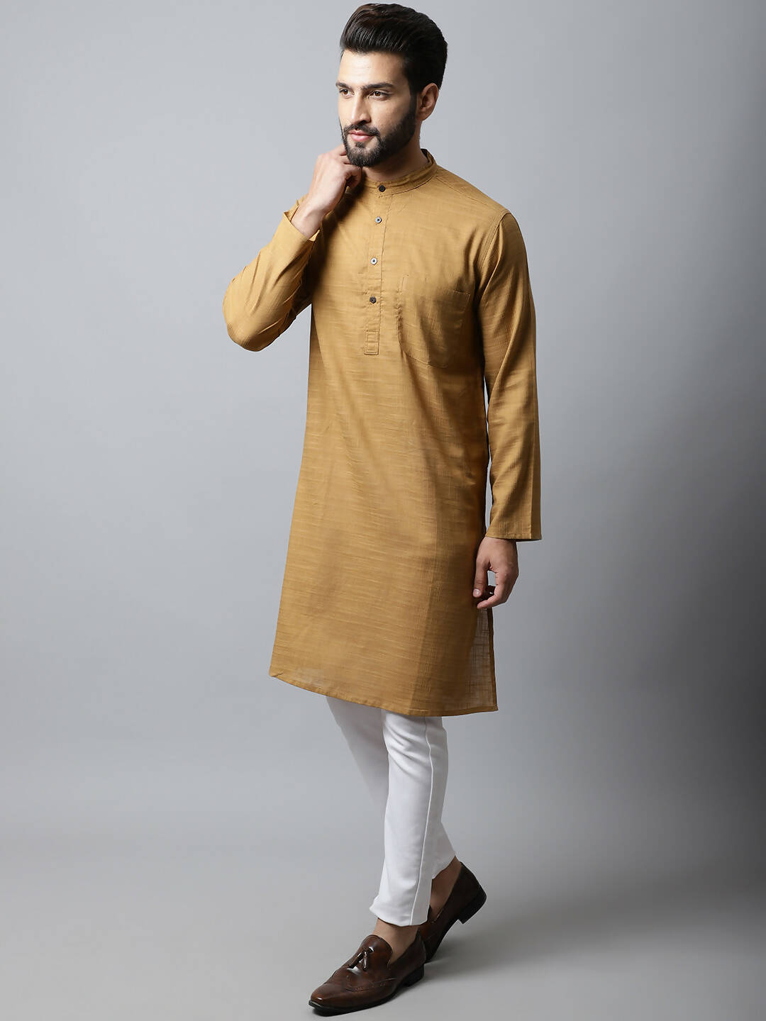 Even Apparels Brown Color Pure Cotton Men's Kurta With Band Collar (SLD1177)