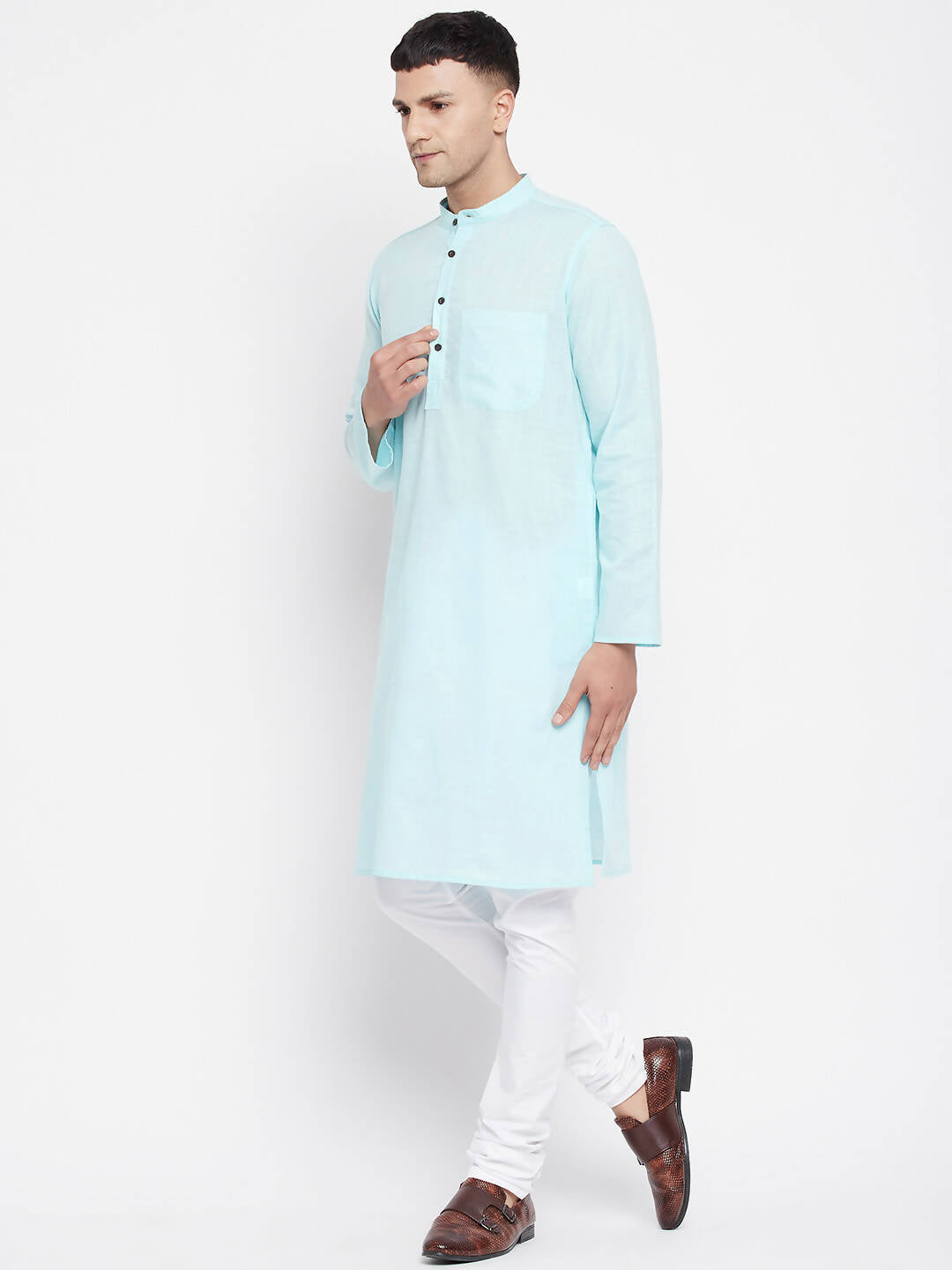 Even Apparels Pure Cotton Blue Color Men's Kurta With Band Collar
