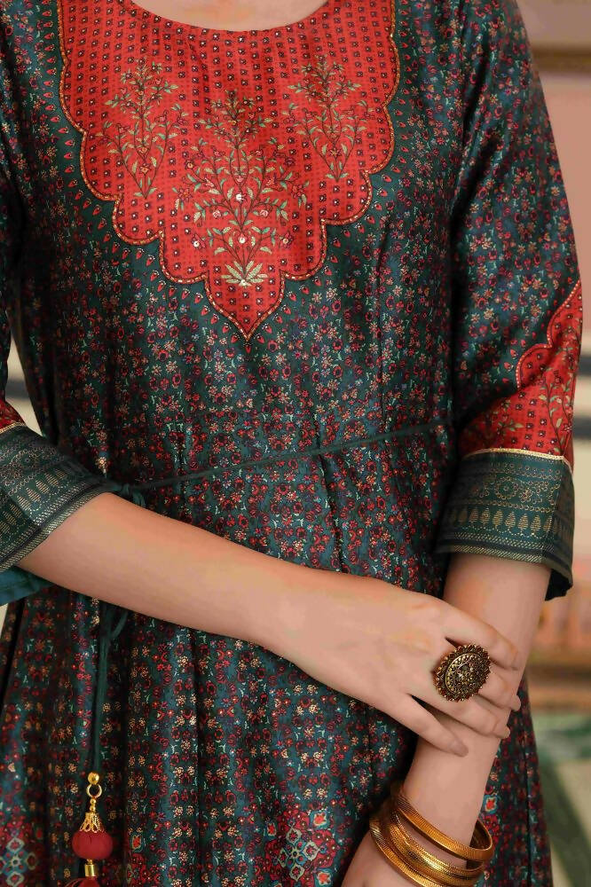 Juniper Green Satin Festive Printed Anarkali Flared Anarkali Kurta For Women