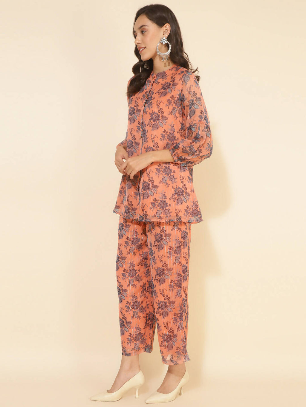 Janasya Women's Peach Chiffon Lurex Floral Printed Festive Regular Co-ords