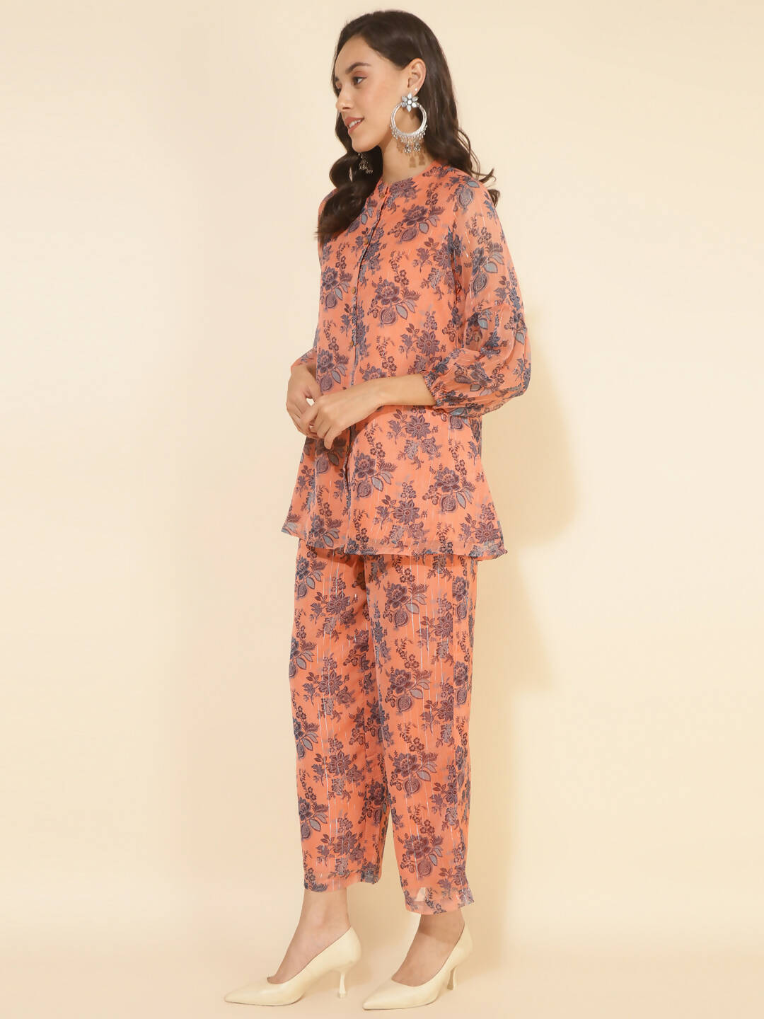 Janasya Women's Peach Chiffon Lurex Floral Printed Festive Regular Co-ords