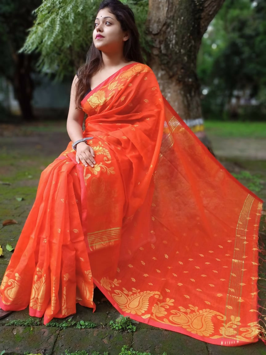 Exclusive Collection Orange Beautiful Cotton Silk Saree