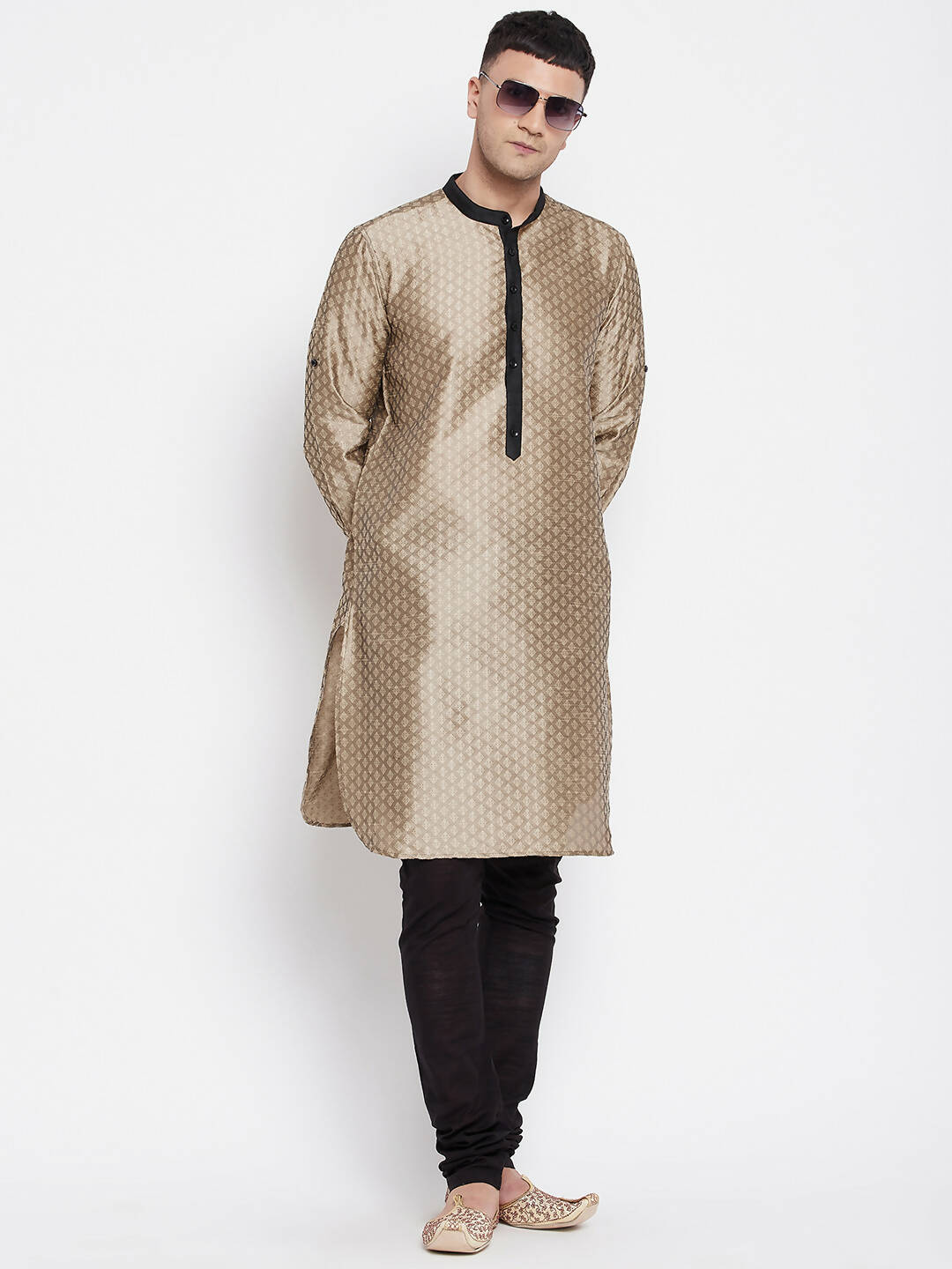 Even Apparels Beige Art Silk Men's Kurta With Contrast Collar And Placket