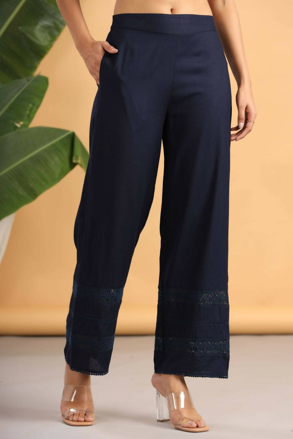 Juniper Women Navy Rayon Woven Design Flared Palazzo