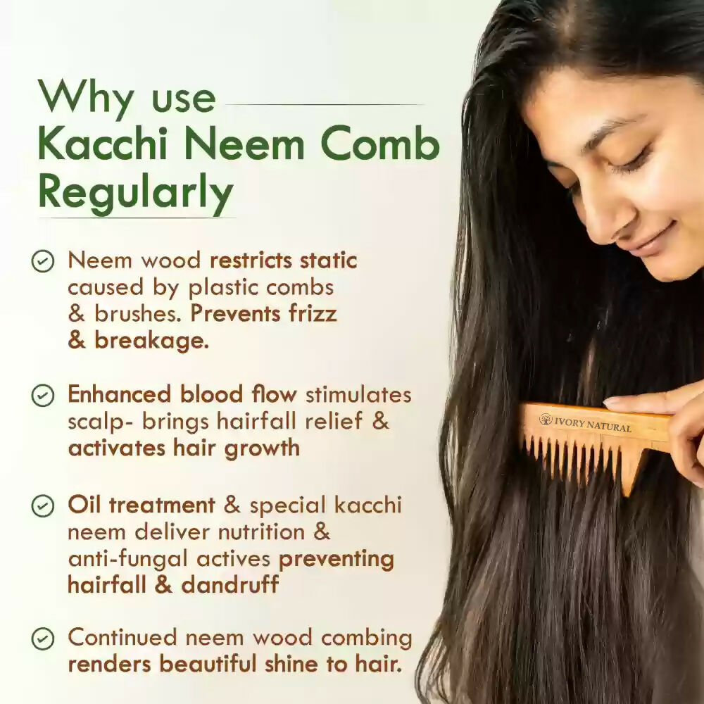 Ivory Natural Handle Kacchi Neem Comb For Gentle Detangling & Scalp Nourishment For Hair