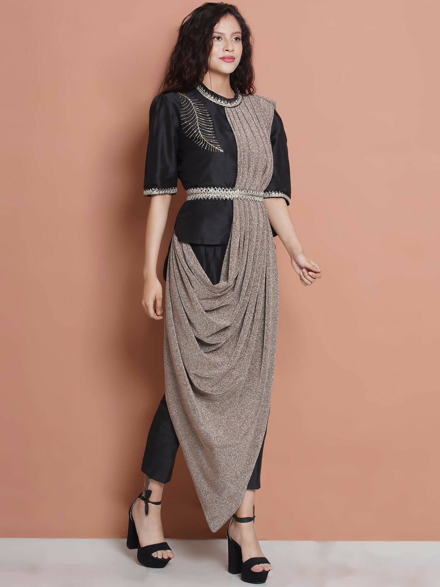 Women Republic Black Cotton Blended Set with Attached Drape