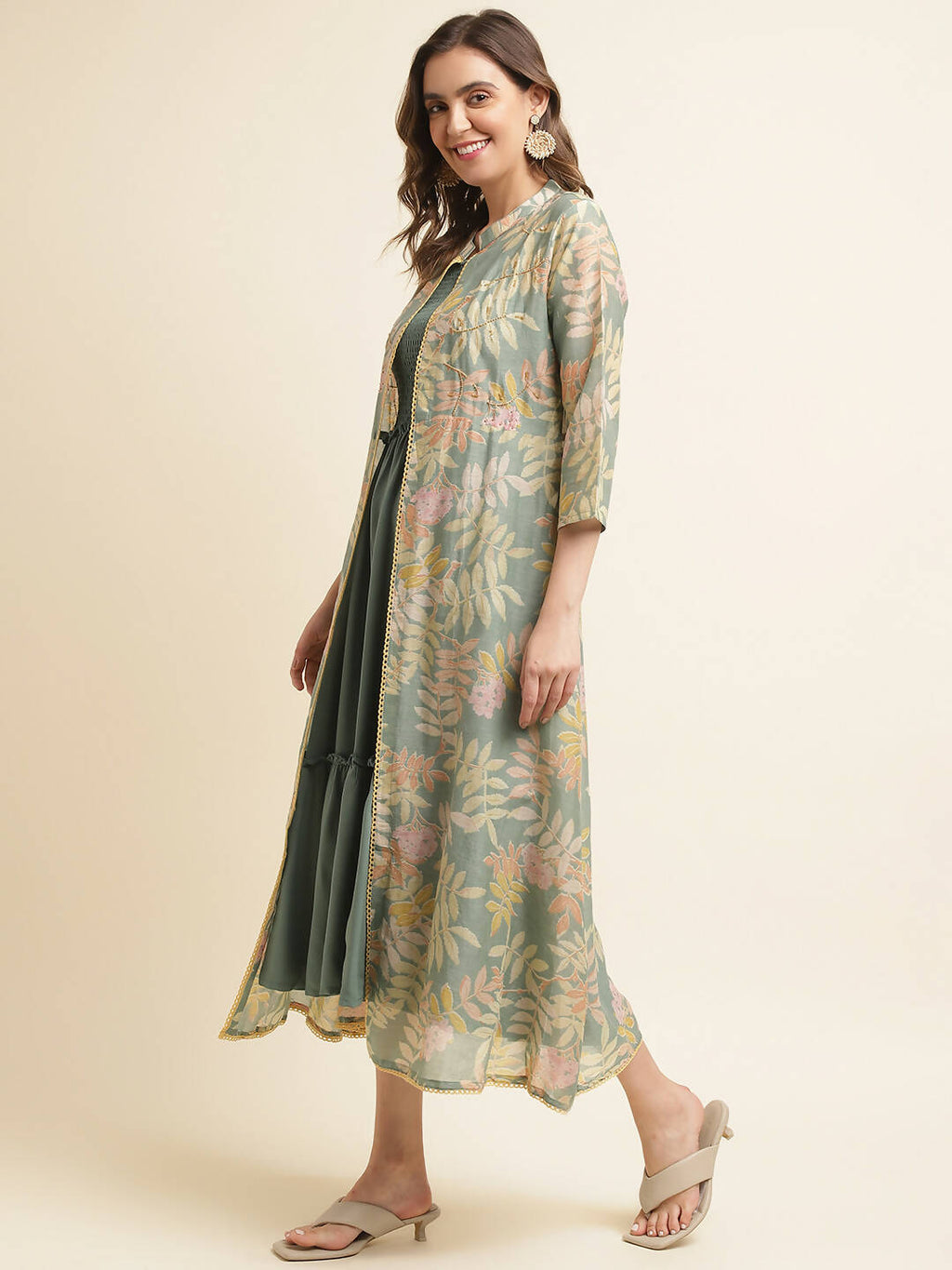Green Cotton Solid Flared Dress with Printed Shrug - Yukti