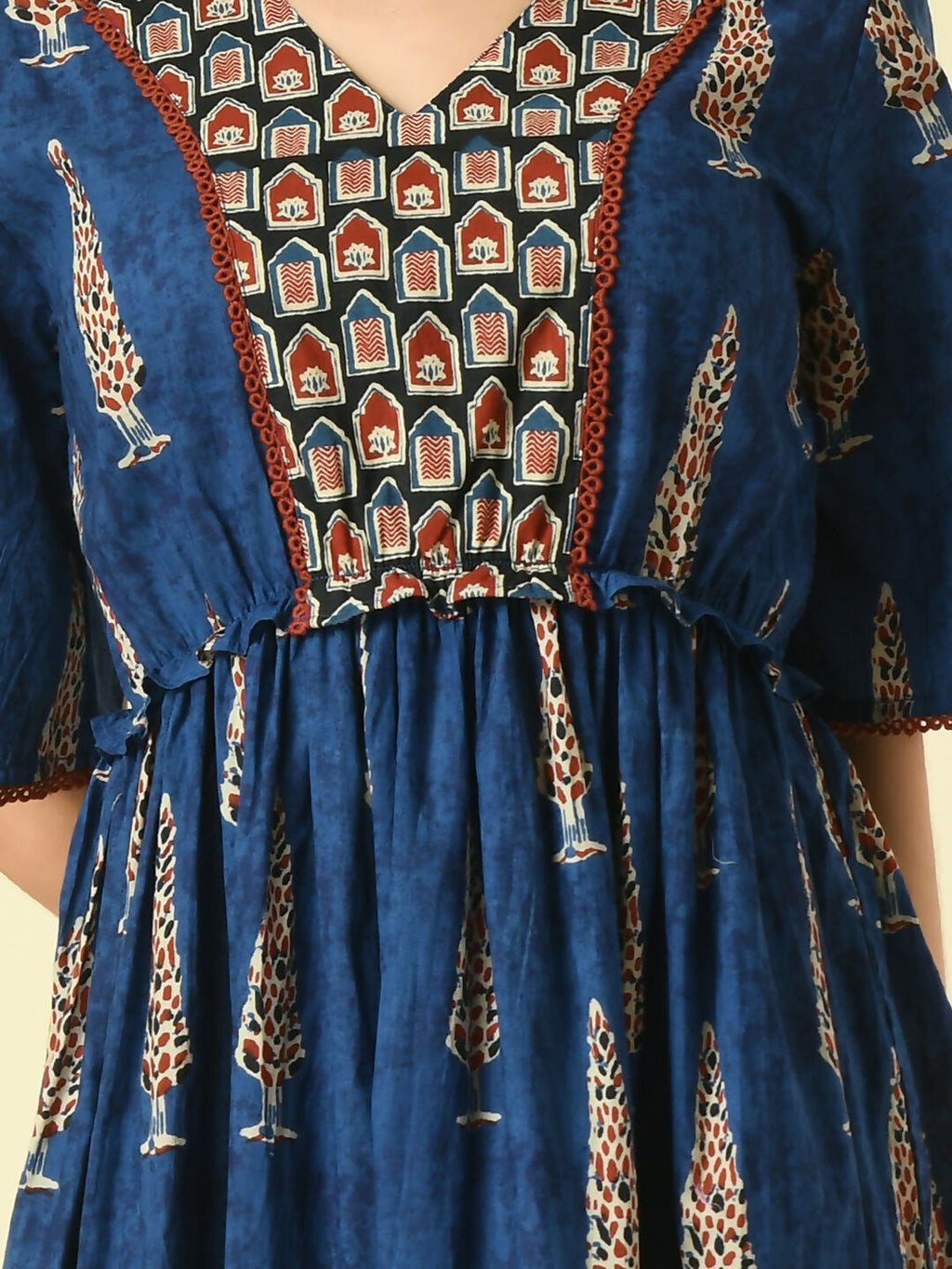 Myshka Women's Blue Printed Cotton Party Dress