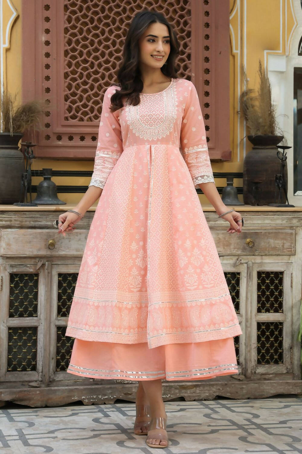 Juniper Women's Peach Cambric Printed Flared Dress
