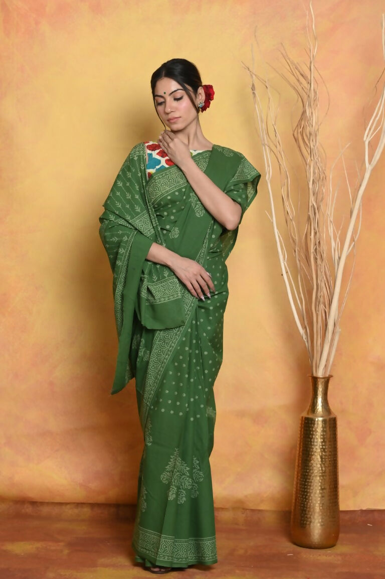 Very Much Indian Handblock Printed Cotton Saree With Natural Dyes - Green