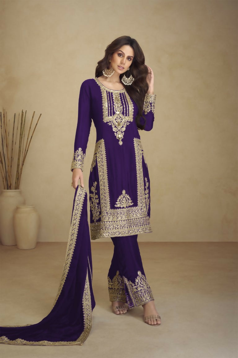 Vastranavya Gorgeous Purple Faux Georgette with Embroidery 3mm Sequence & Coding Work Pakistani Straight Pant Suit