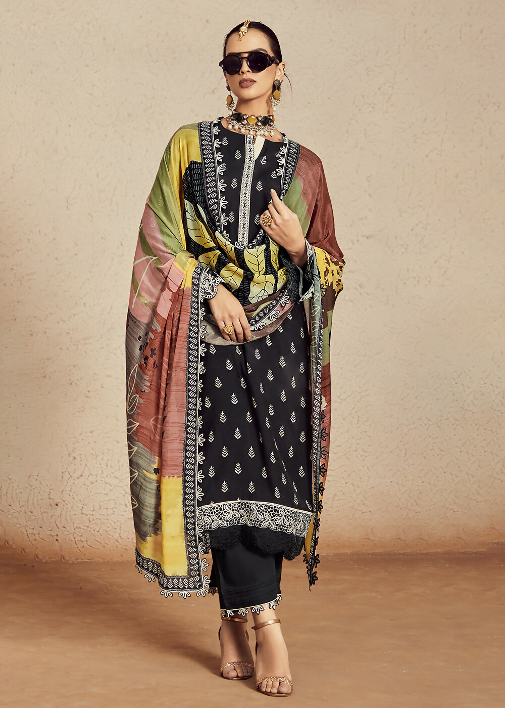 Muslin Cotton Black Digital Print & Embroidered Salwar Suit - Emponline