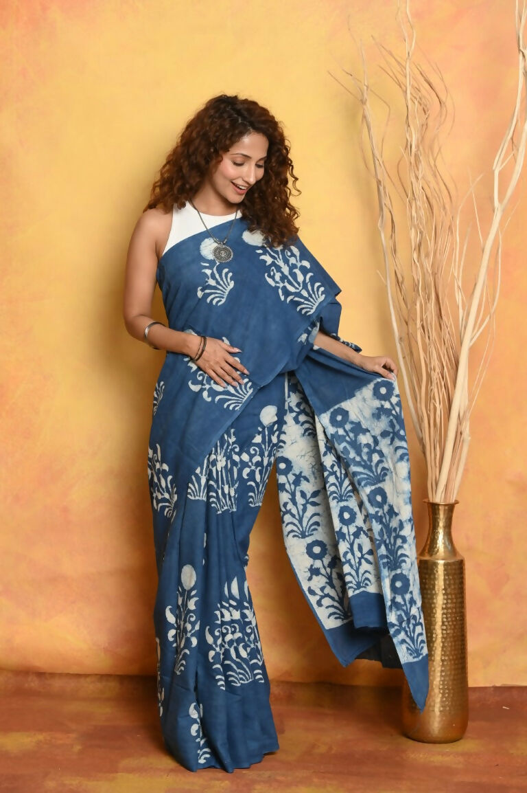 Very Much Indian Handblock Printed Cotton Saree With Natural Dyes - Cerulean Blue