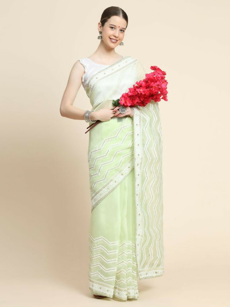 Vamsee Banno Lehriya Yellow Organza Saree