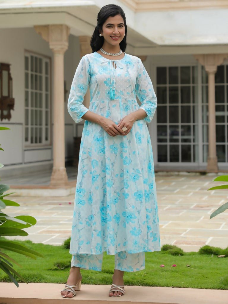 Aramya Flared Textured Cotton Floral Print Women's Kurta - White