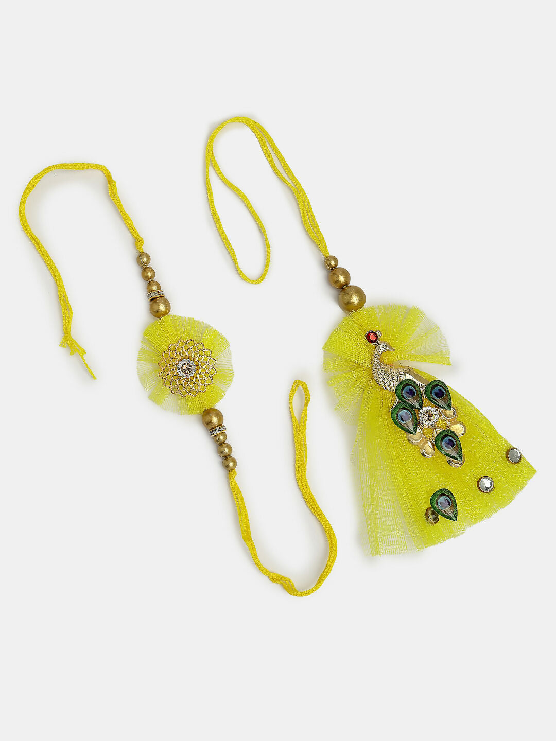 NVR Women & Men Set of 2 Yellow Peacock Design Bhaiya Bhabhi Rakhi With Roli Chawal