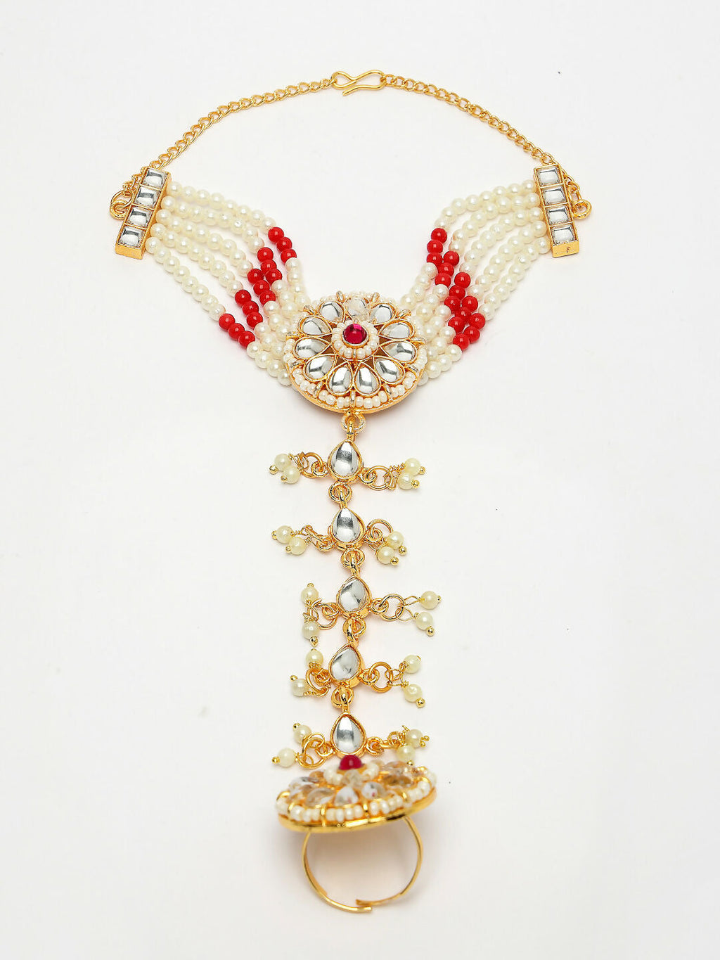 NVR Women's Red Gold-Polished Stone Studded Handcrafted Ring Bracelet