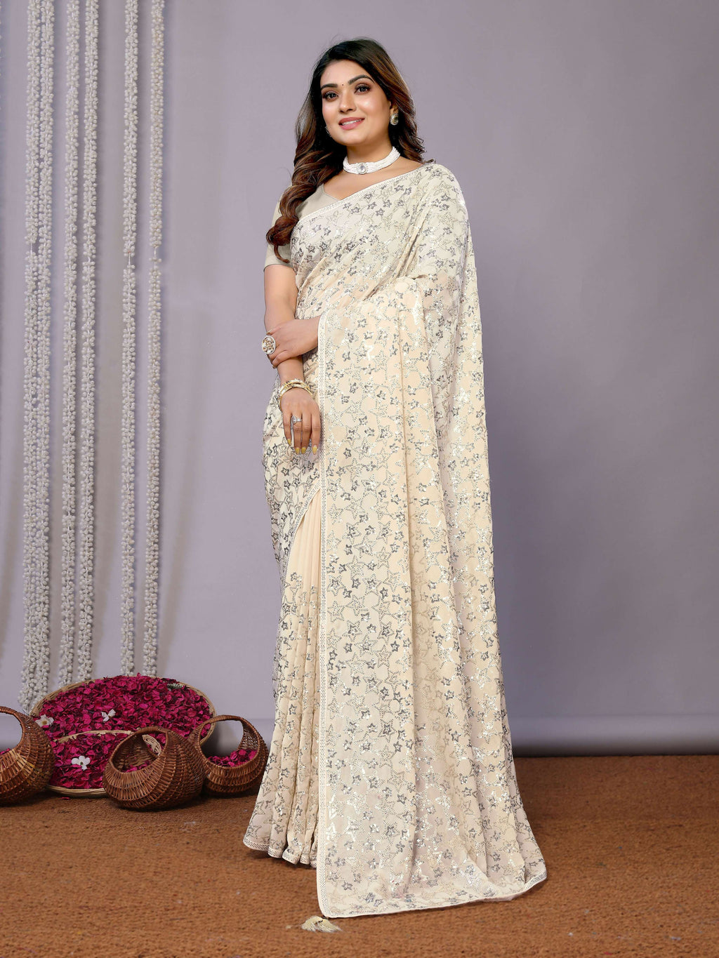 White Pure Georgette Embroidered Saree With Stitched Blouse - Nimaya Kaksha