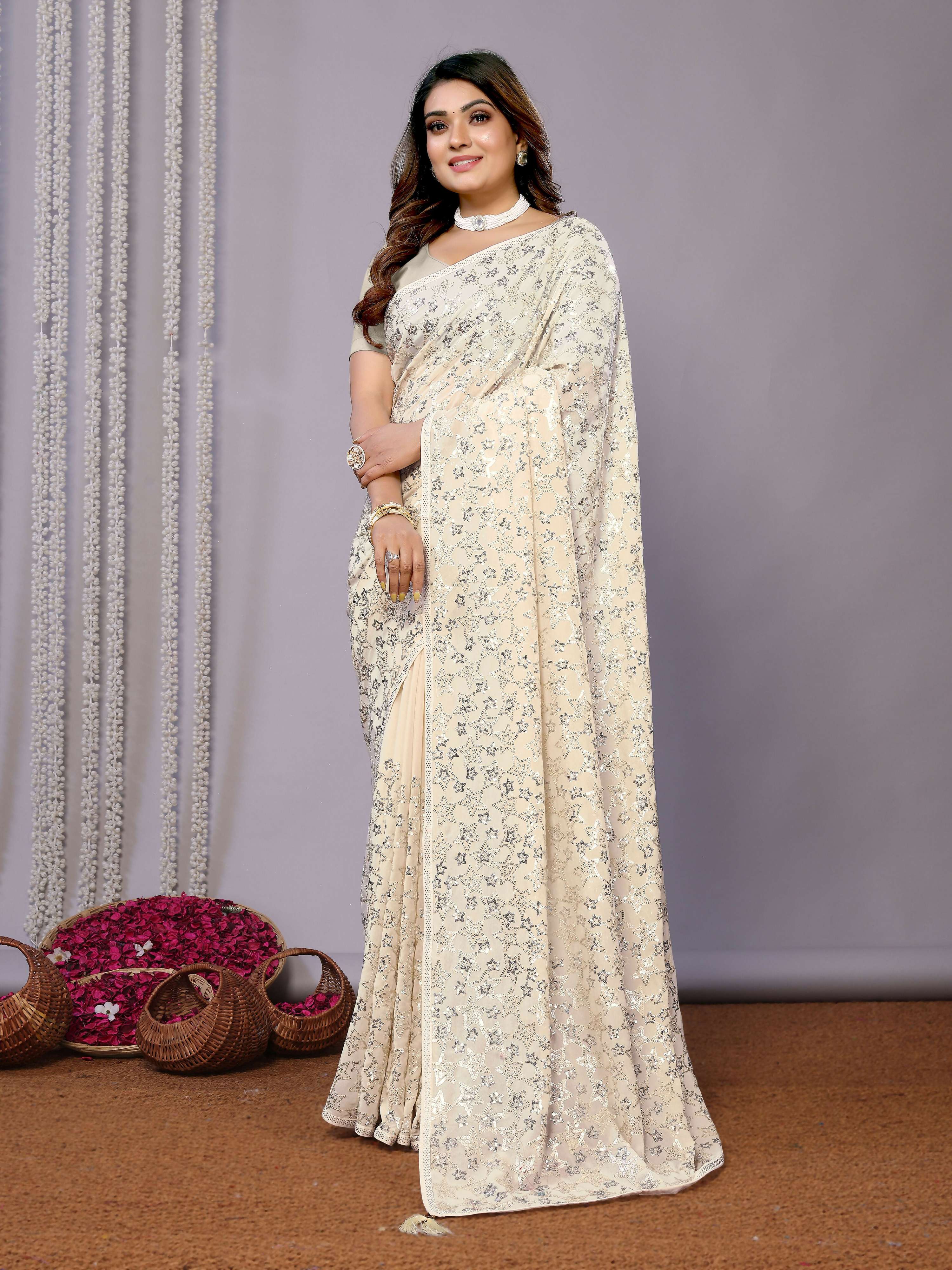 White Pure Georgette Embroidered Saree With Stitched Blouse - Nimaya Kaksha