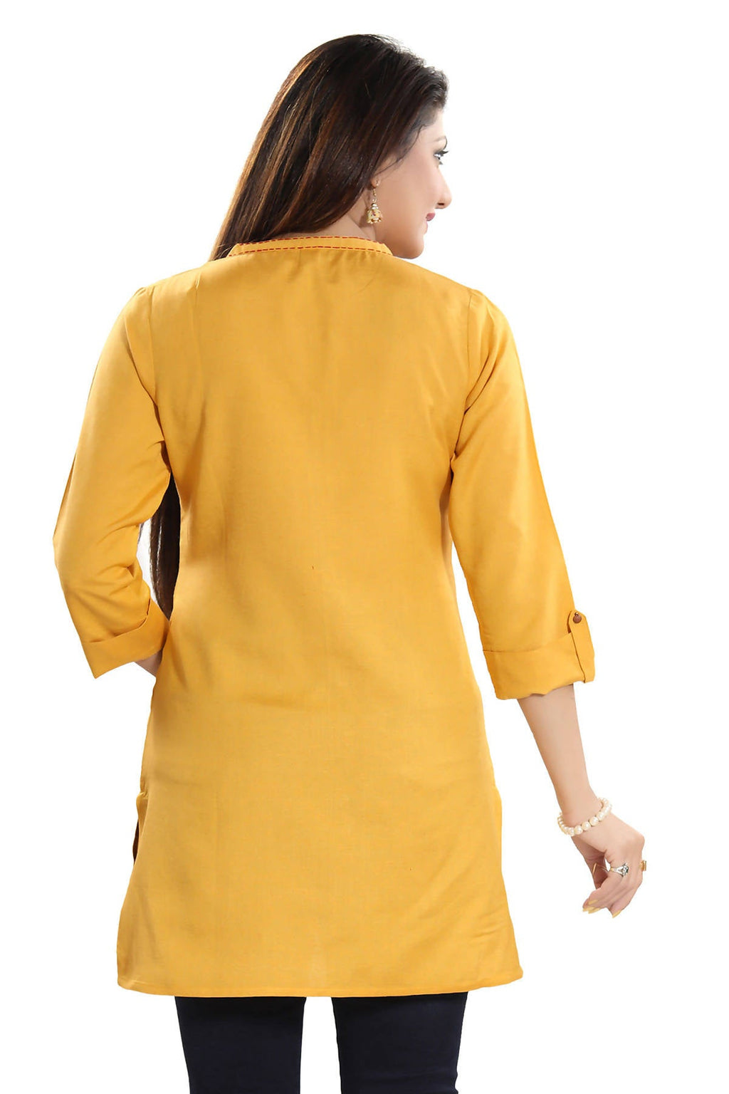 Snehal Creations Desirable Mustard Rayon Cotton Hi-Low Short Kurti Top