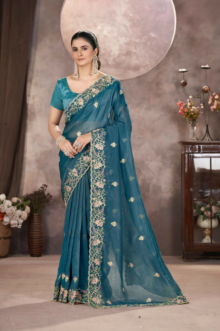 Vastranavya Gold Crunchy Multi Colour Threads Embroidery Work with Sequins Work Saree with Blouse material - Teal