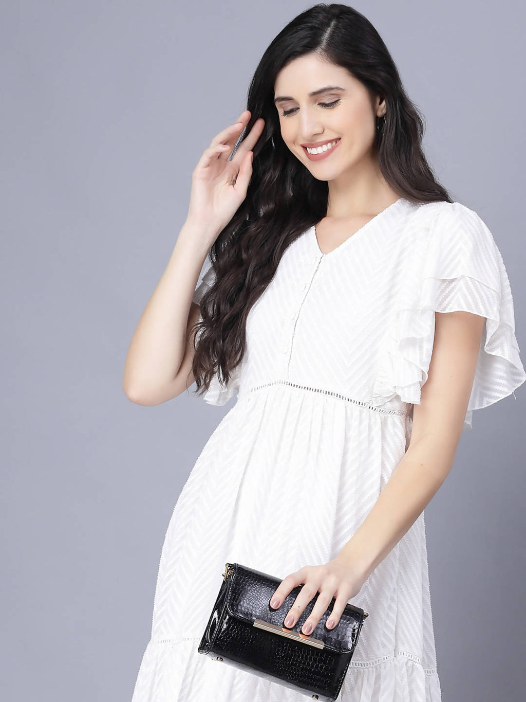 Myshka Georgette Solid Short Sleeve V Neck White Women Dress