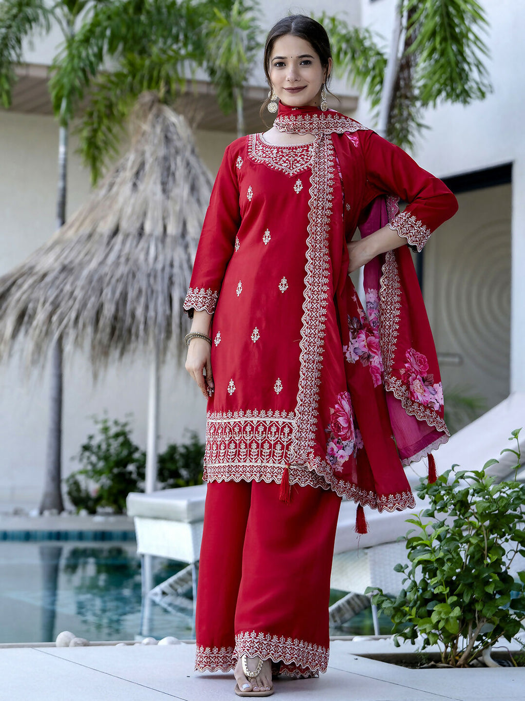 The52 Red Women's Gorgeous Embroidered Vichitra Silk Fabric Straight Kurta, Sharara and Dupatta Set