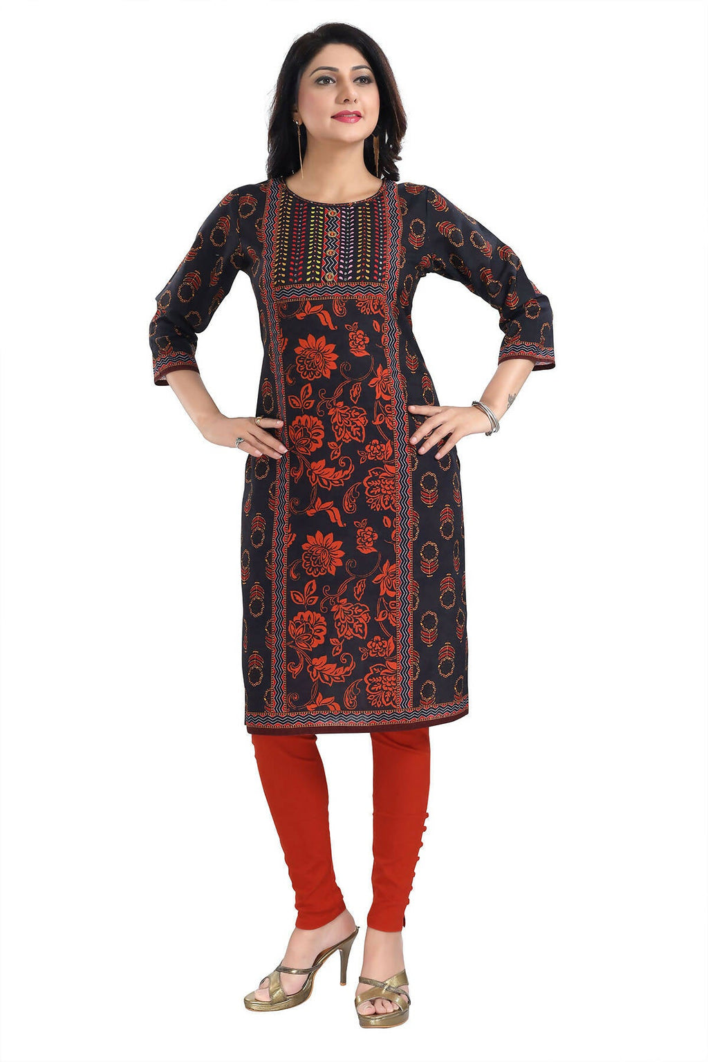 Snehal Creations Elegant Black Designer Digital Print Cotton Slub Fabric Long Kurti Tunic