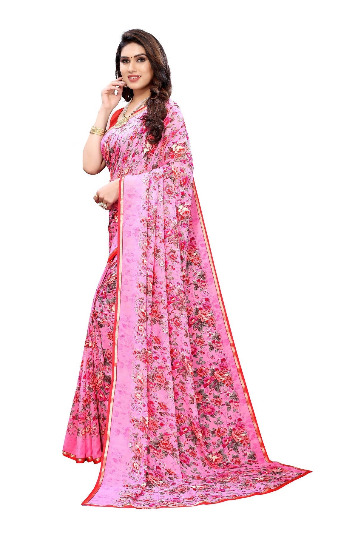 Vamika Ethnic Fire Pink Printed With Lace Saree