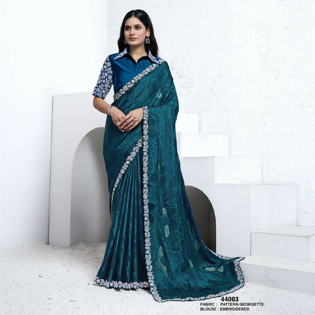 Teal Pattern Georgette Sequence With Hand Work Saree With Unstitched Blouse - Norita Swaraa