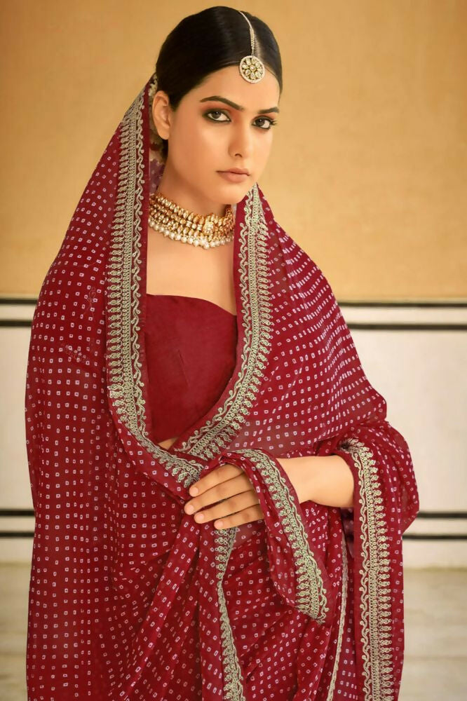 PR Fashion Red Georgette Embroidery Lace Saree