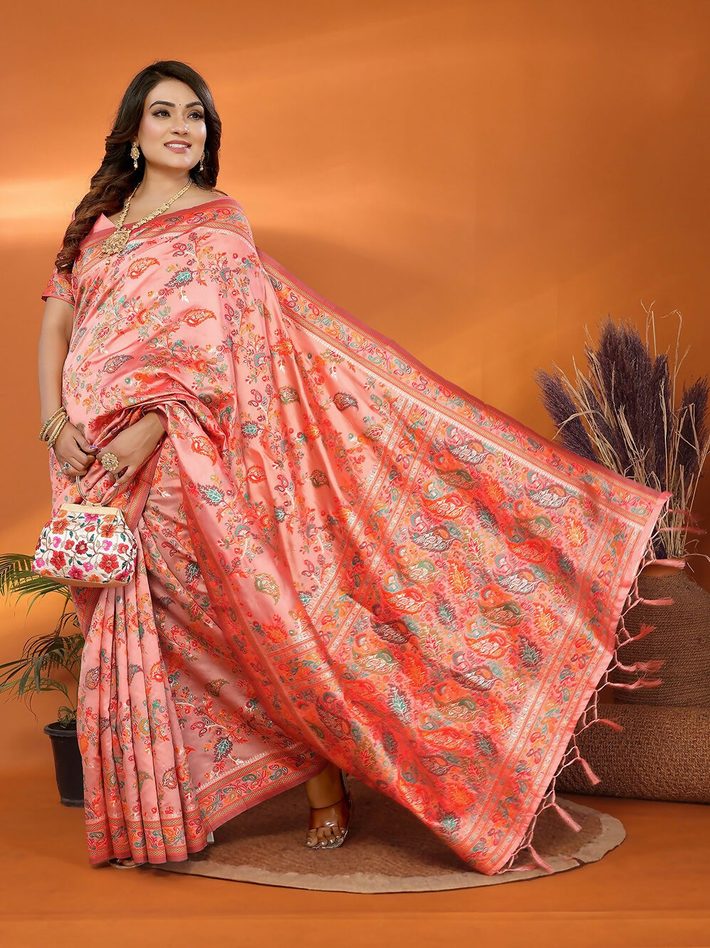 Joban Fashion Peach Meena Weaves Pashmina Sarees