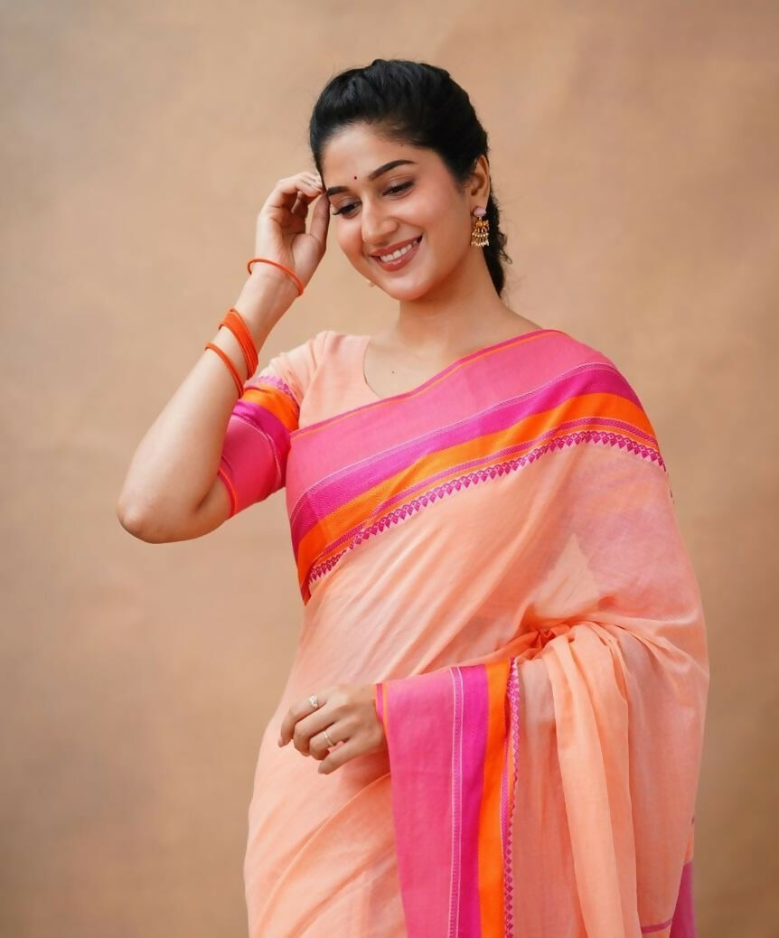 Exclusive Collection Light Orange Beautiful Khadi Cotton Handloom Saree