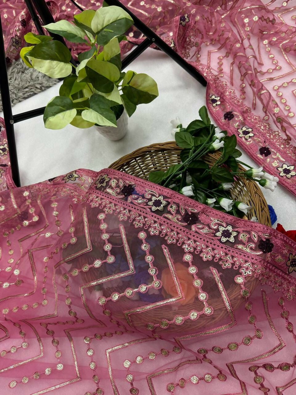 Vastranavya Butterfly Net Designer Chain Stitch Embroidery Work with Foil Thread & Stone Work Saree with Blouse Material - Pink