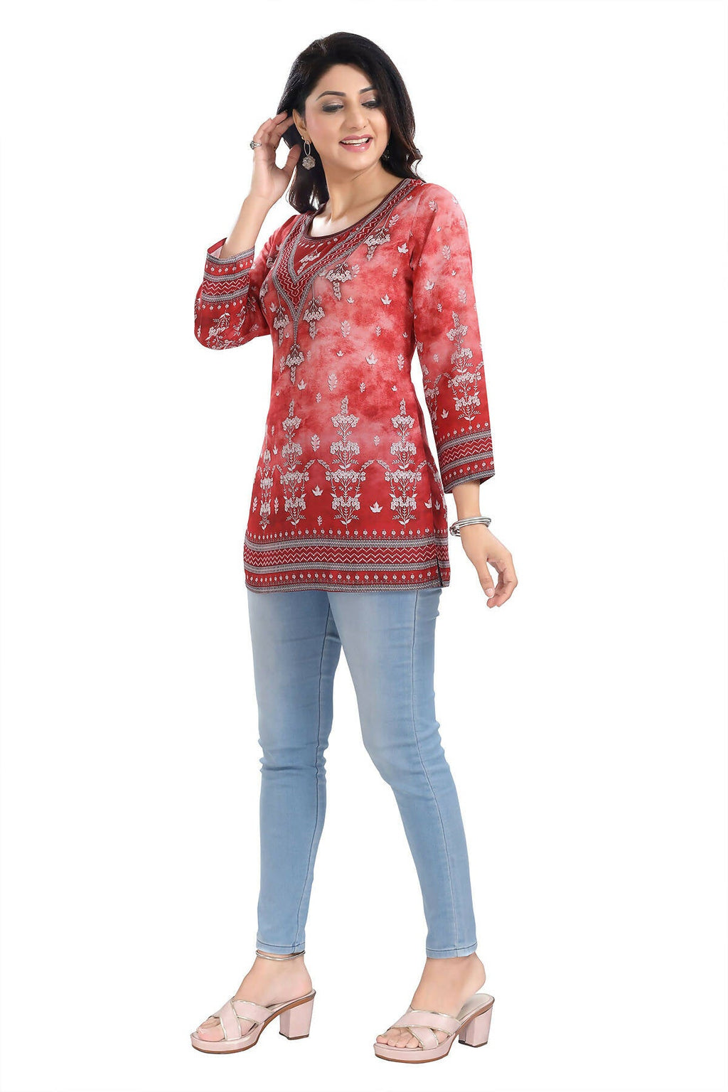 Snehal Creations Rustic Rust Faux Crepe Printed Short Kurti Tunic Top