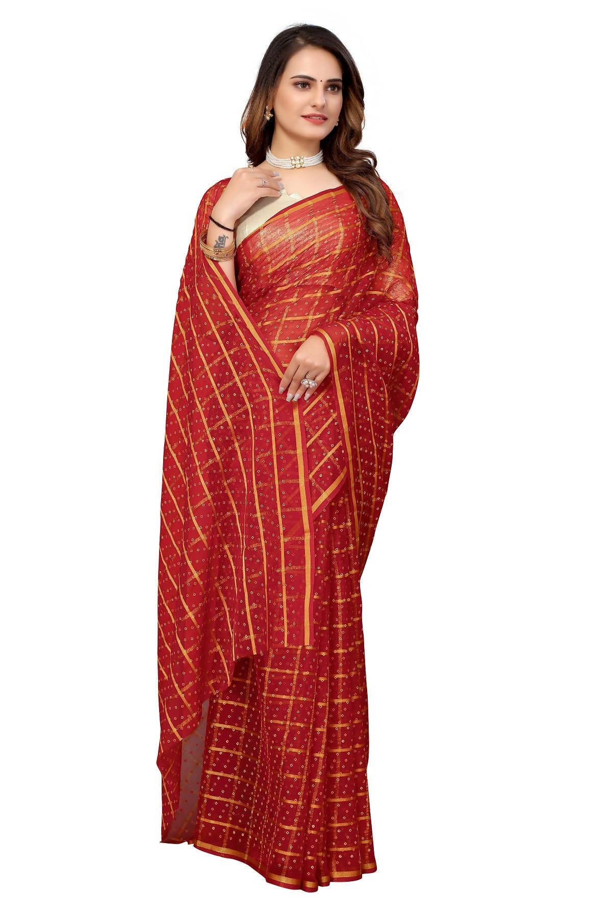 Vamika Ethnic Fire Red Jari Work Chiffon Saree