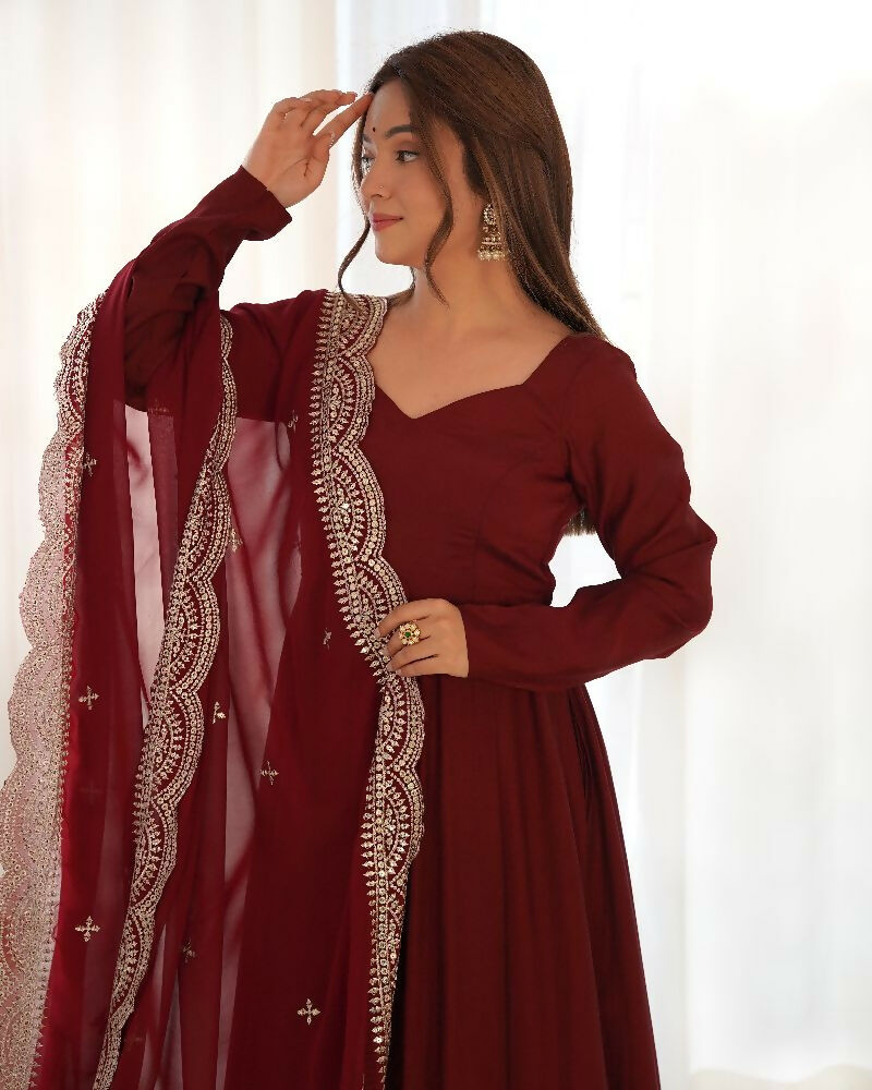 Joban Fashion Maroon Kurta Set Chanderi Sequence Embroidery Work