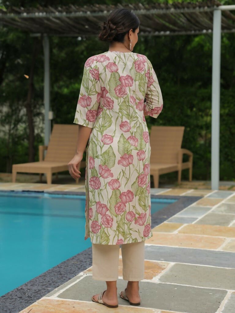Aramya Straight Linen Cotton Floral Print Women's Kurta - Off White