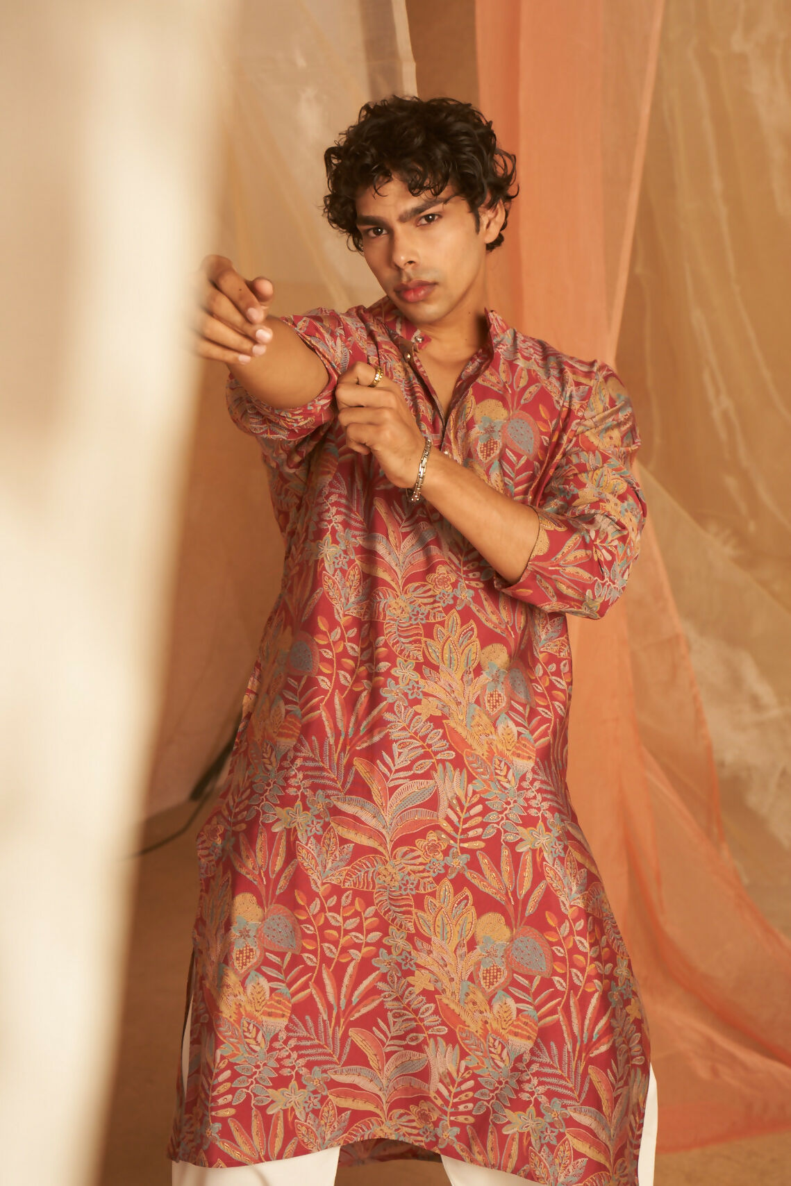 Pink Modal Silk Designer Printed Men's Kurta Set - Mahotsav