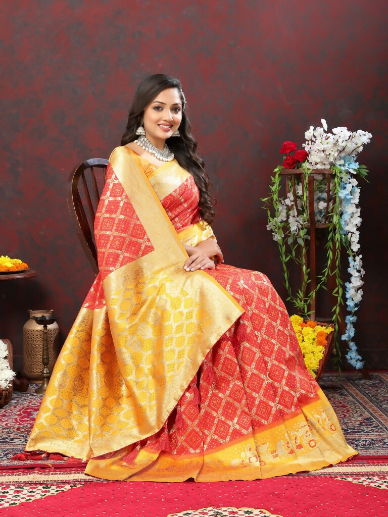 Vastranavya Red Soft Patola Silk With Meenakari Weaving Motifs And Rich Zari Weaving Pallu Saree With Matching Blouse Fabric