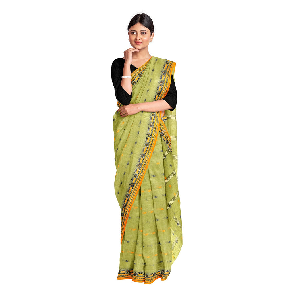 Exclusive Collection 100% Pure Cotton Light Green Tant Saree With Hand Weaving Work