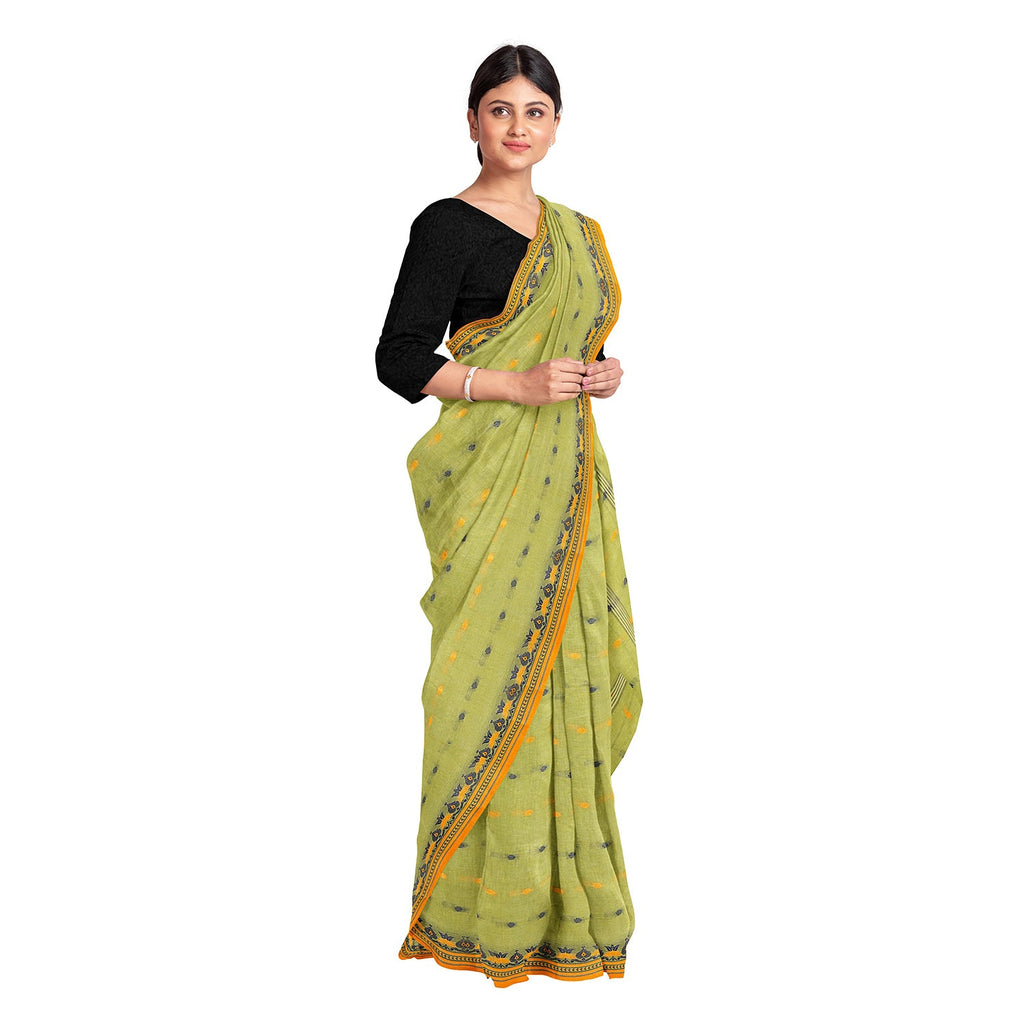 Exclusive Collection 100% Pure Cotton Light Green Tant Saree With Hand Weaving Work