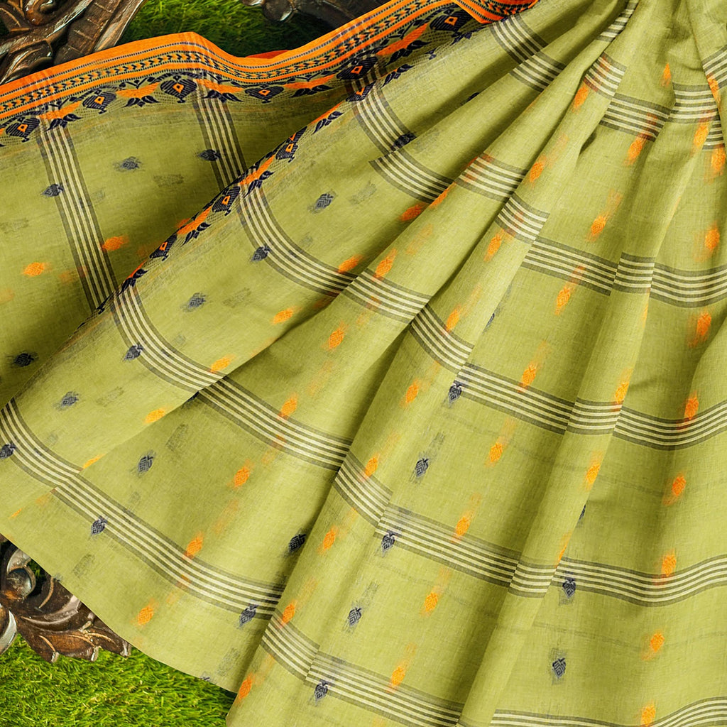 Exclusive Collection 100% Pure Cotton Light Green Tant Saree With Hand Weaving Work