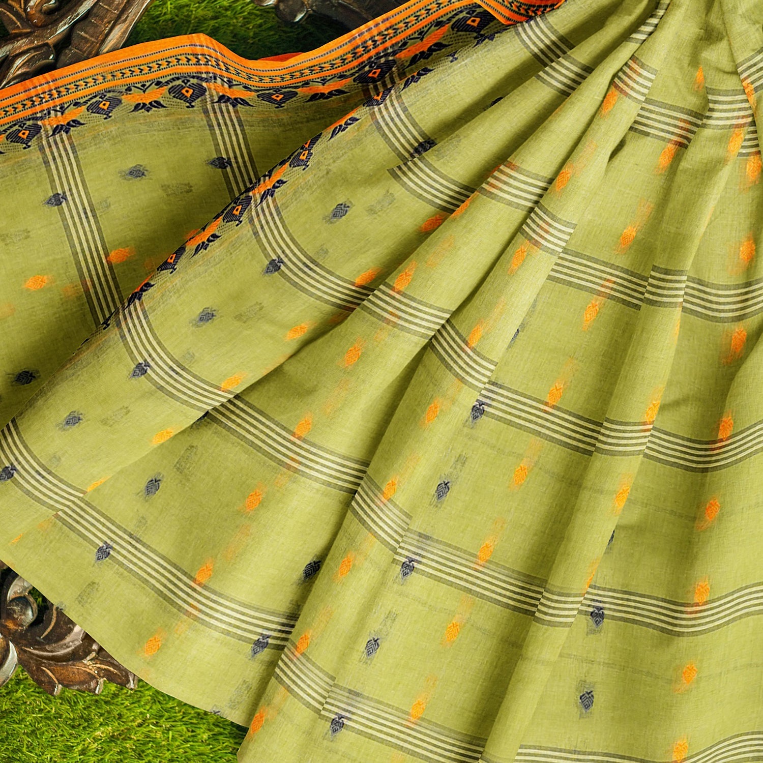 Exclusive Collection 100% Pure Cotton Light Green Tant Saree With Hand Weaving Work